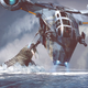 The Mandalorian fighting a strange beast off his ship.